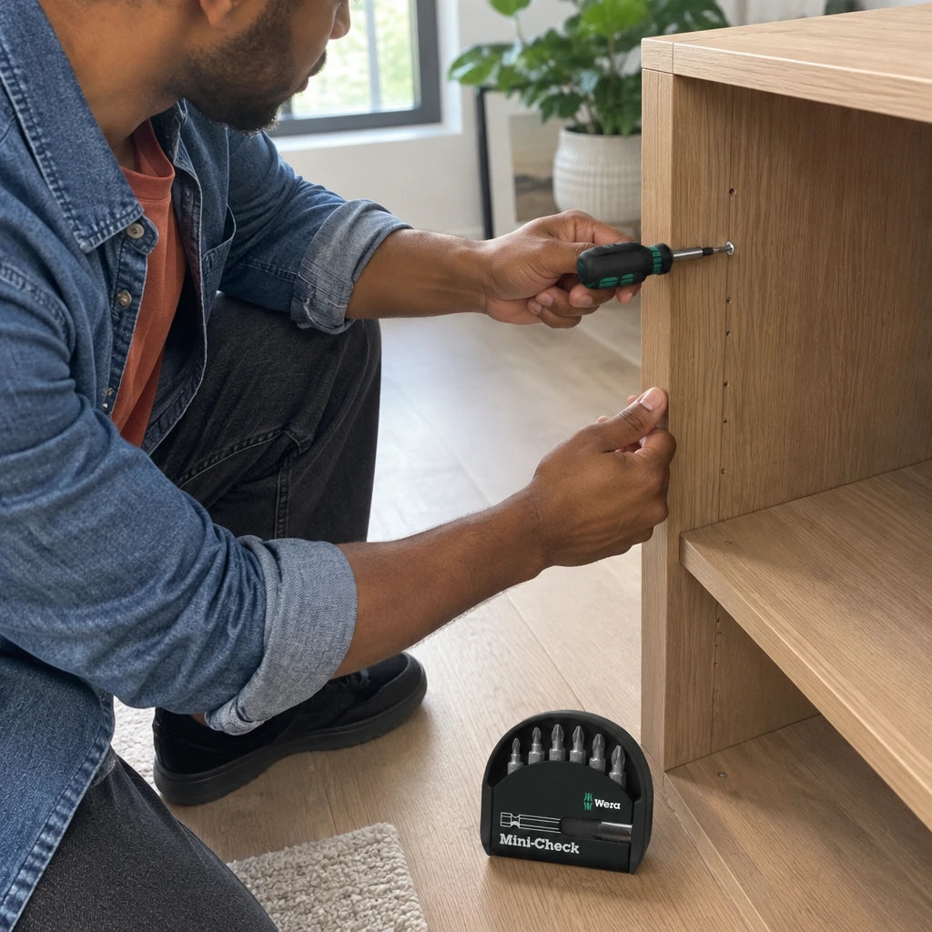 African American homeowner using a Wera PZ2 bit from the Mini-Check set to assemble an oak storage unit