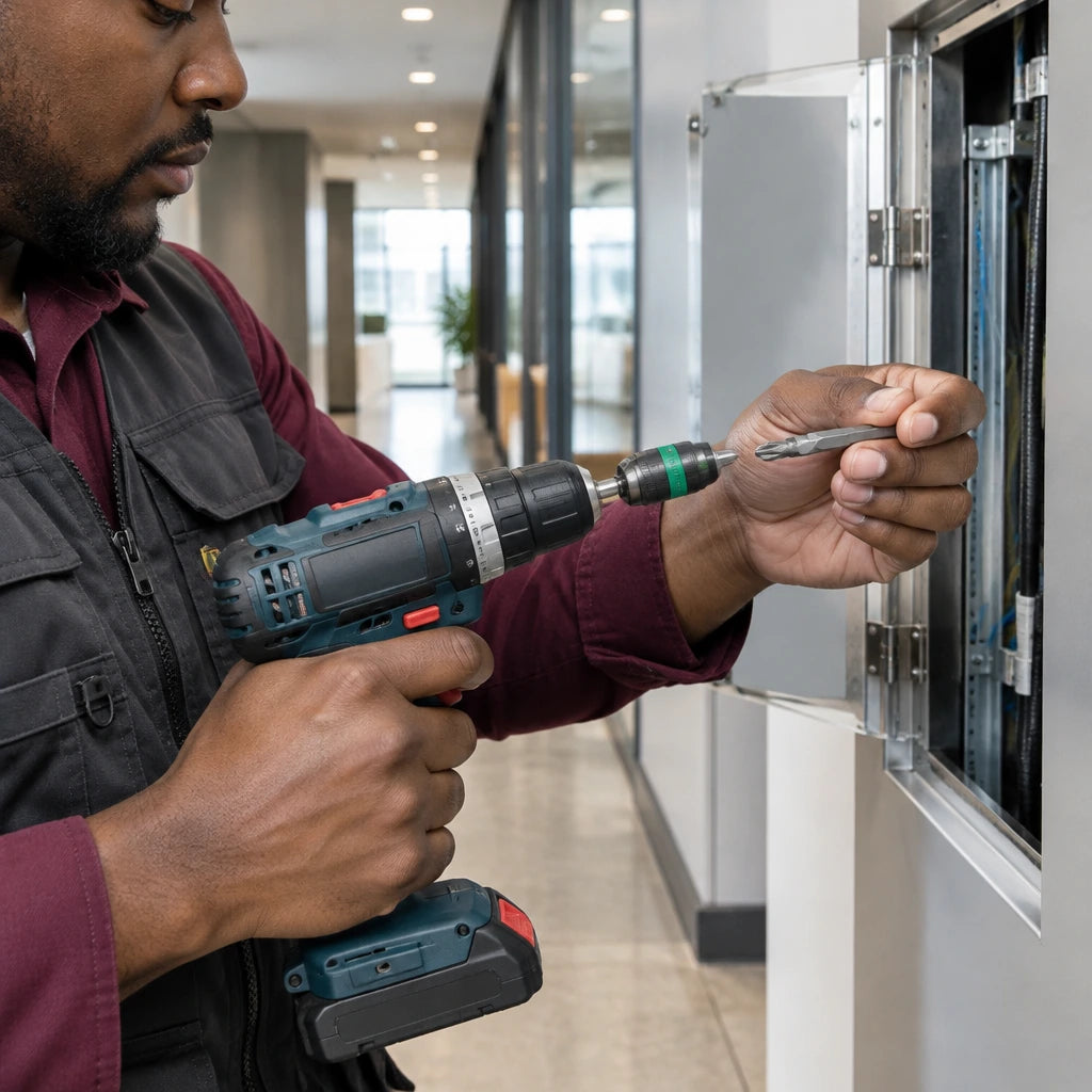 Maintenance installer changing a 1/4-inch hex bit in a Wera Rapidaptor holder on a cordless driver