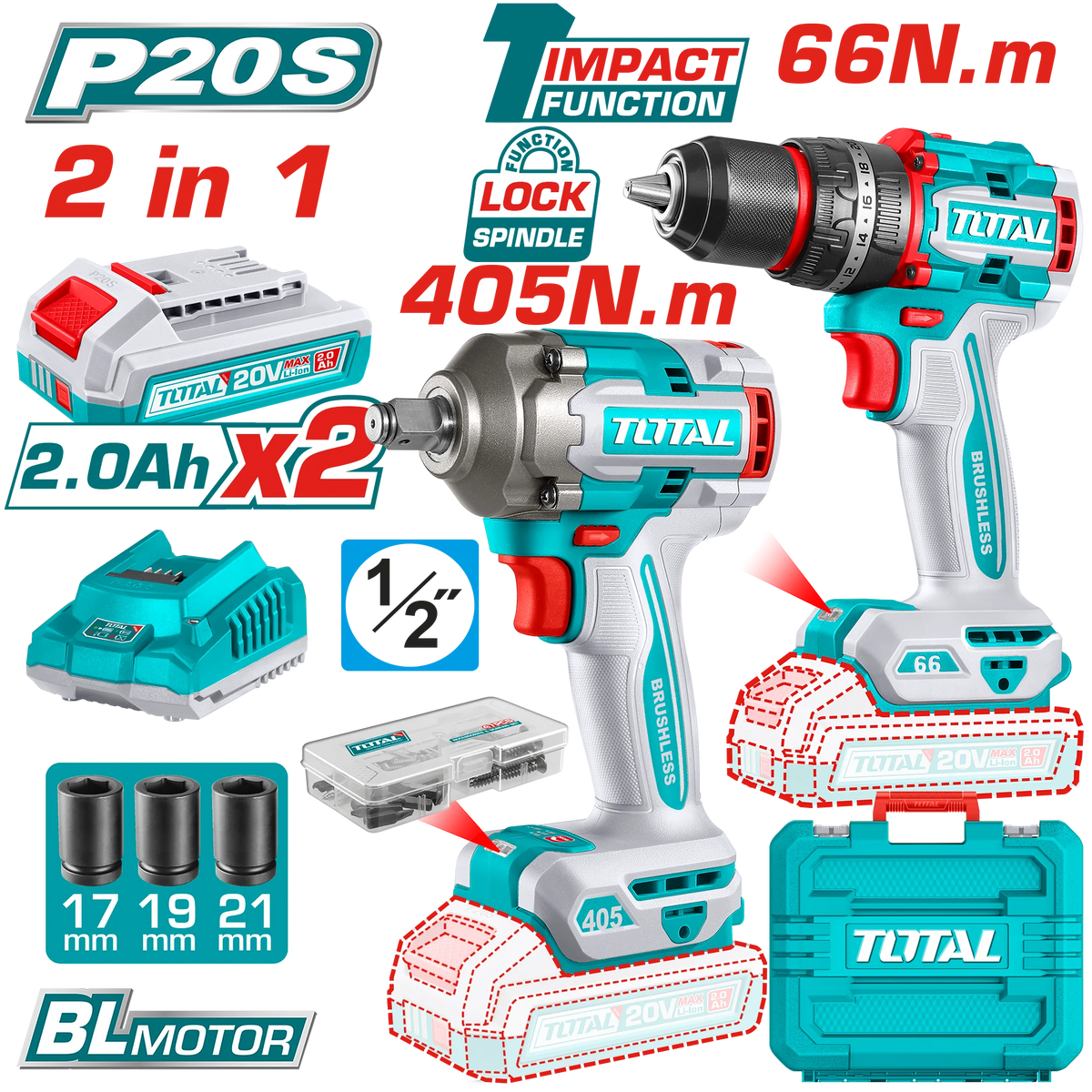 Total 20V 2-Piece Cordless Combo Kit with 66Nm Impact Drill & 555Nm Breakaway Impact Wrench - TCKLI20286