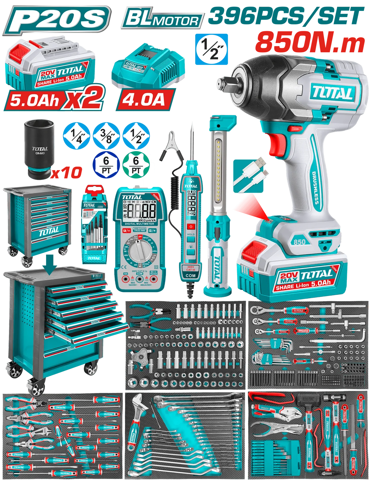 Total 396-Piece 7-Drawer Tool Chest Set with 20V Impact Wrench - THPTCS83962
