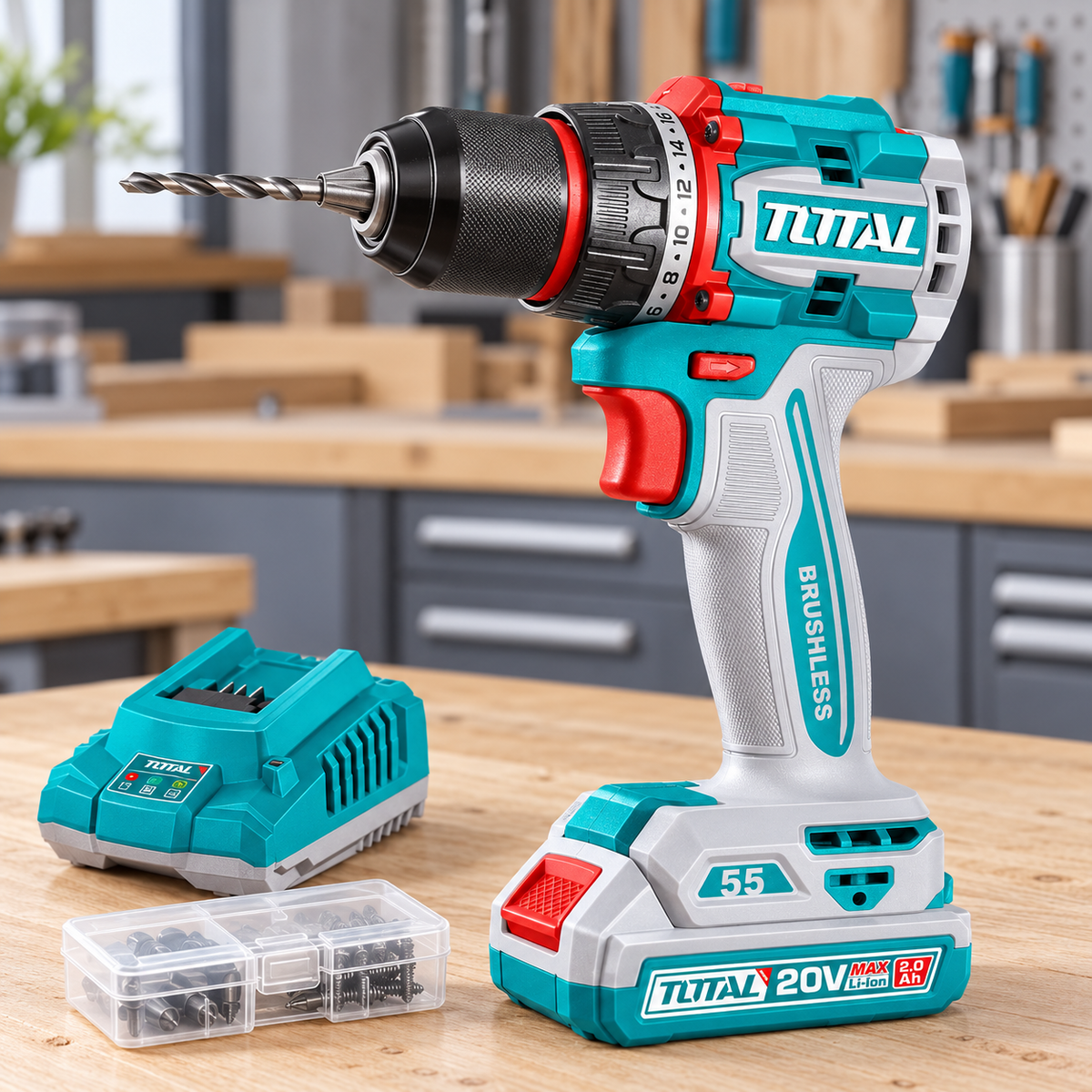 Total 20V Compact Brushless Cordless Drill Kit with 55Nm Maximum Torque - TDLI205582