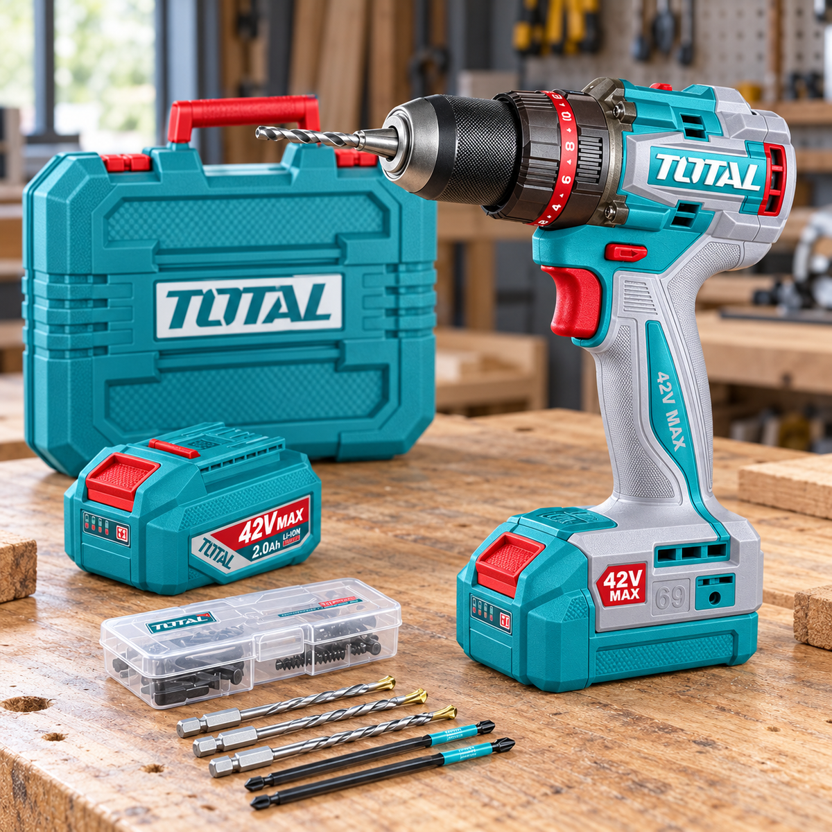 Total 42V Brushless Cordless Impact Drill Kit with 69Nm Maximum Torque - TIDLI426982