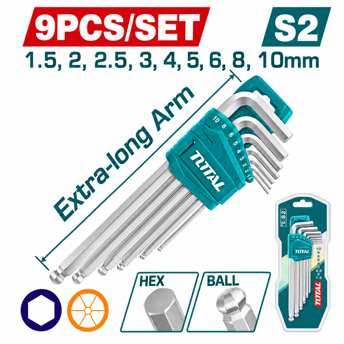 Total 9-Piece Extra-Long Ball-Point Hex Key Set 1.5–10mm - THT106292