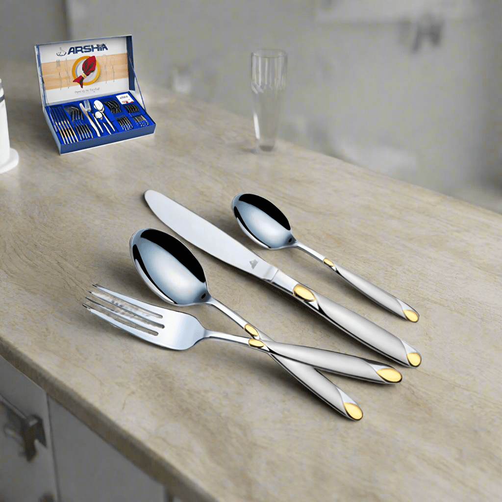 Arshia Kitchen Utensils Arshia Cutlery Set With Stand Gold & Silver 24 Pieces