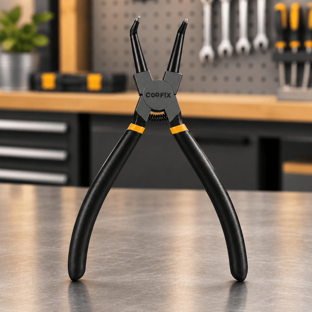 Bent-tip Coofix circlip pliers on a workshop table