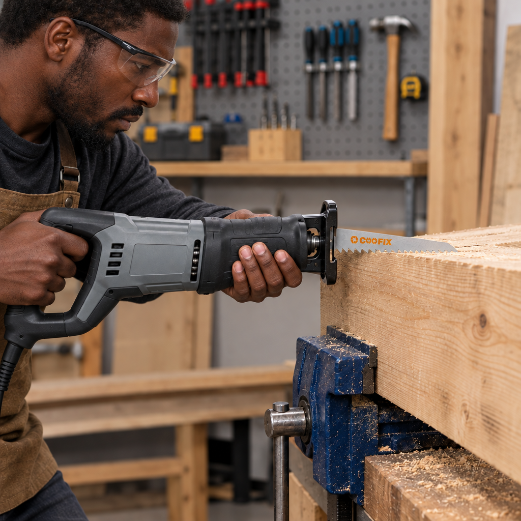 Black carpenter using the Coofix wood-cutting blade