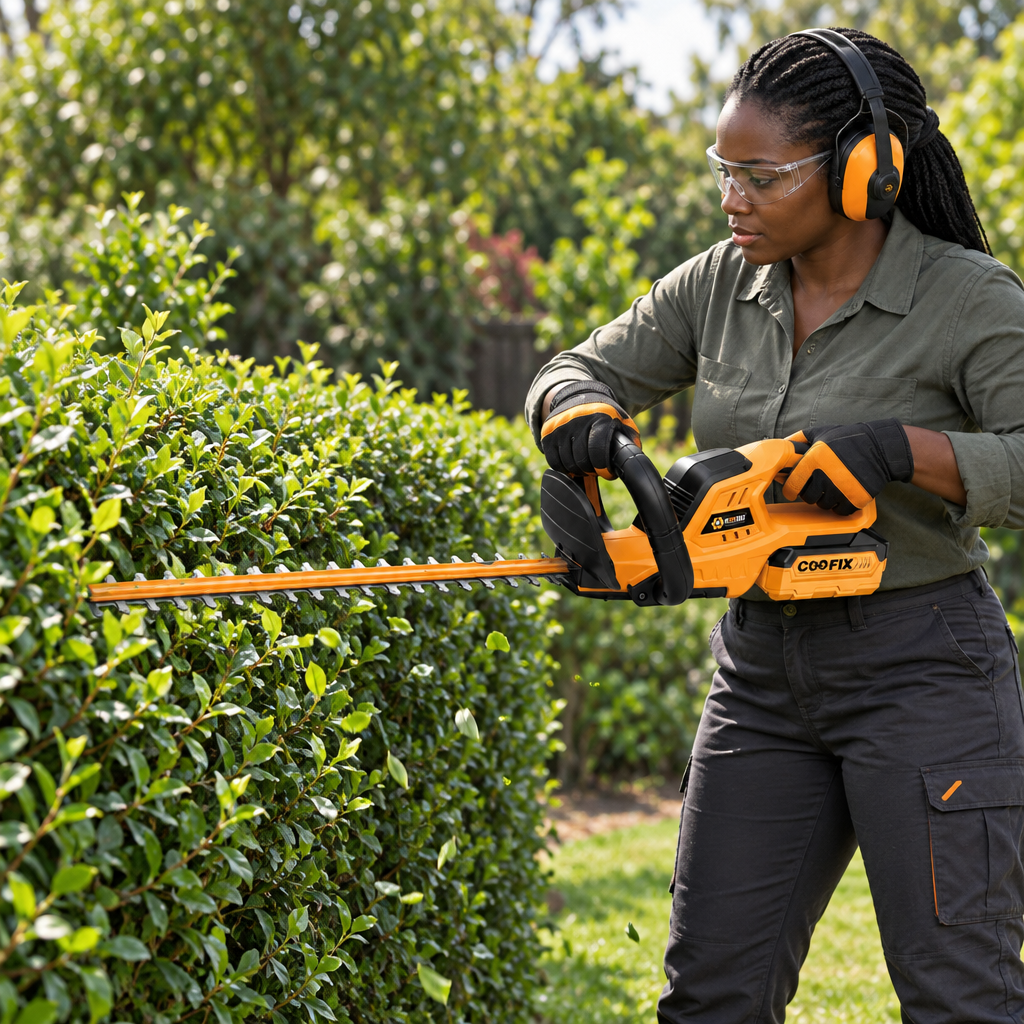 Black gardener using the Coofix hedge trimmer