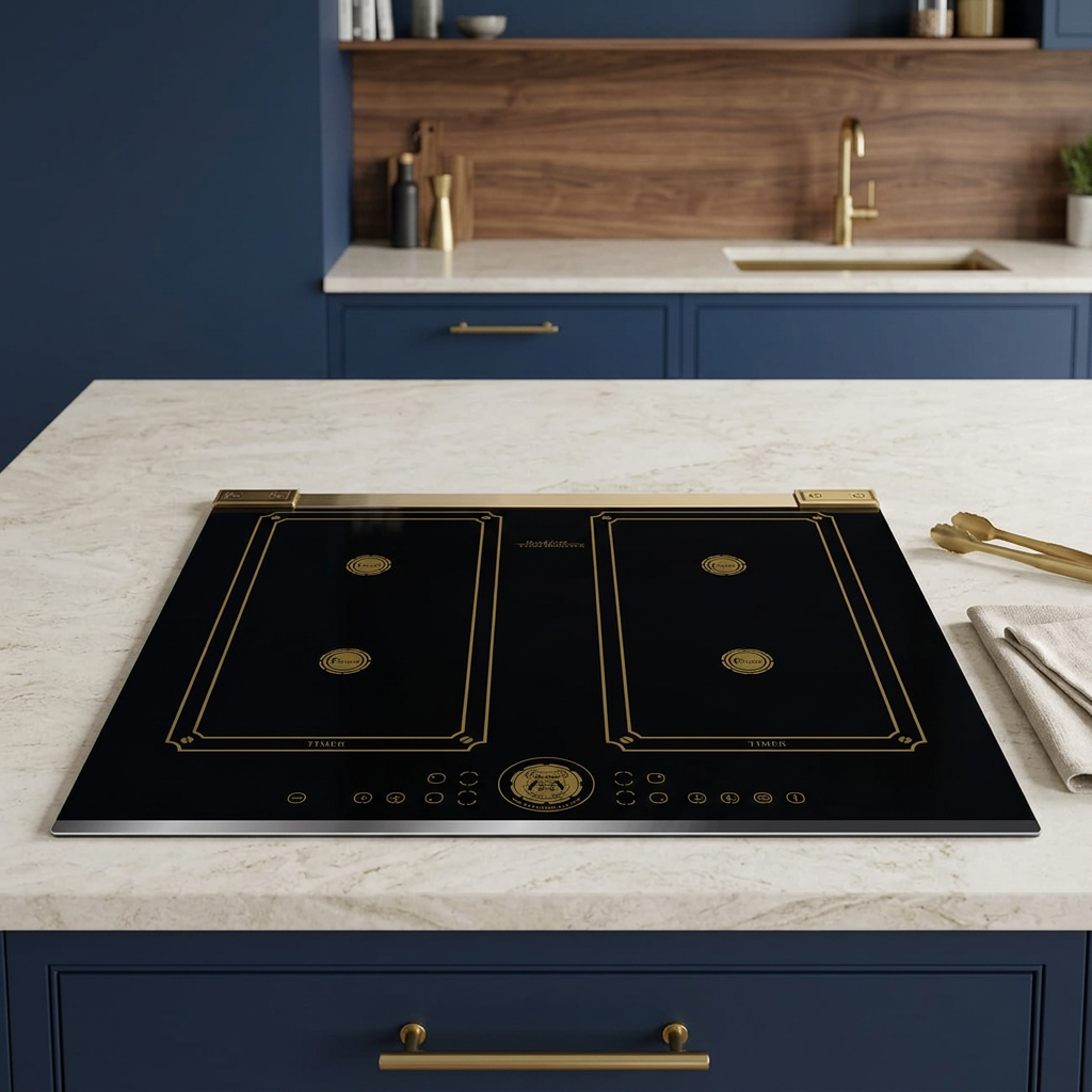 Black Kaiser Art Deco hob installed in a navy and walnut kitchen