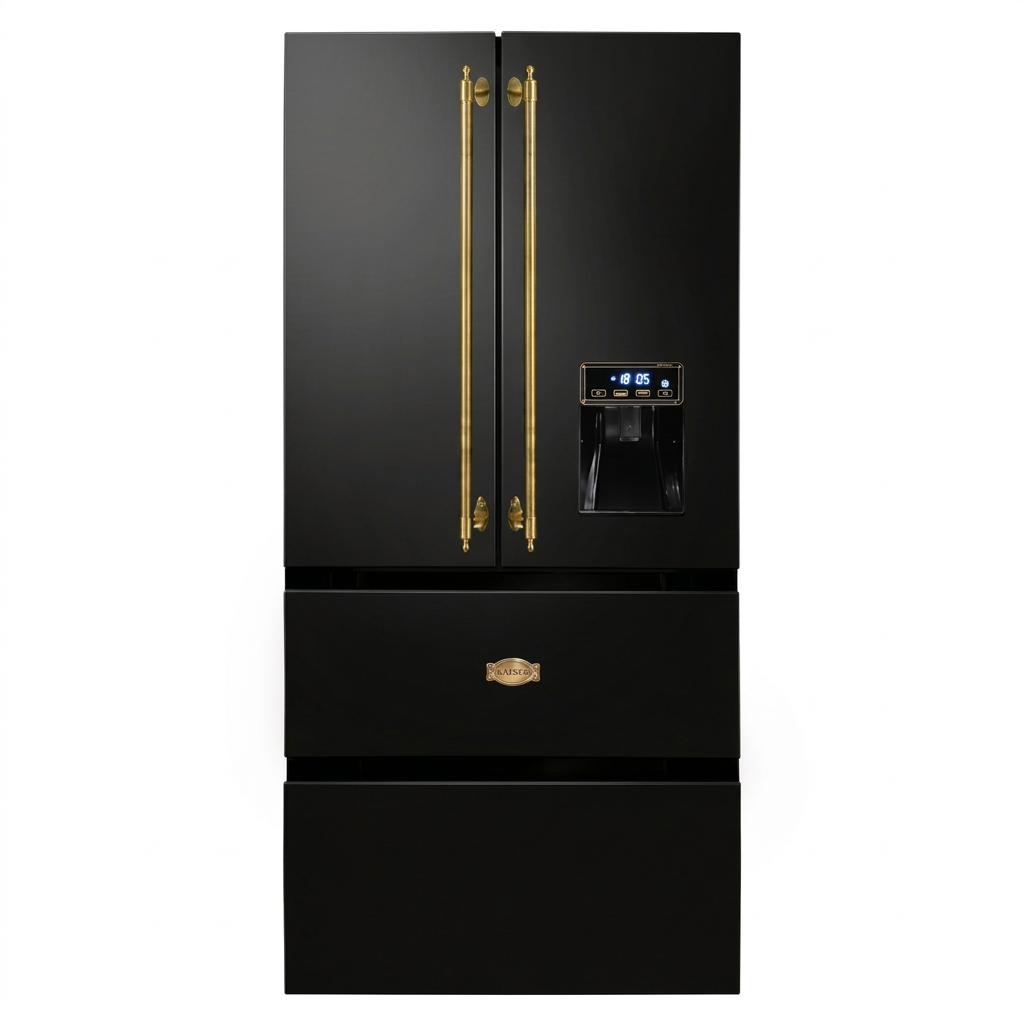 Black Kaiser Empire French door refrigerator on white
