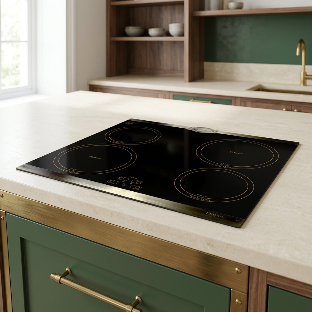 Black Kaiser Empire induction hob installed in a green and walnut kitchen