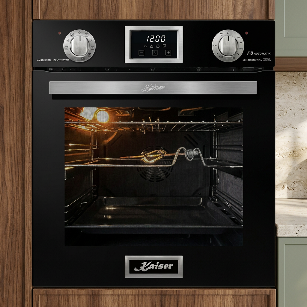 Black Kaiser Grand Chef oven built into walnut cabinetry