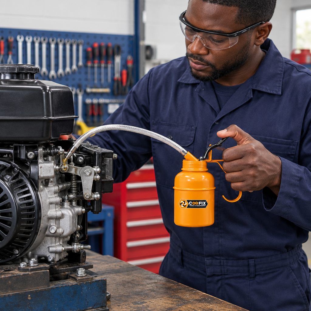 Black mechanic using the Coofix engine oil can