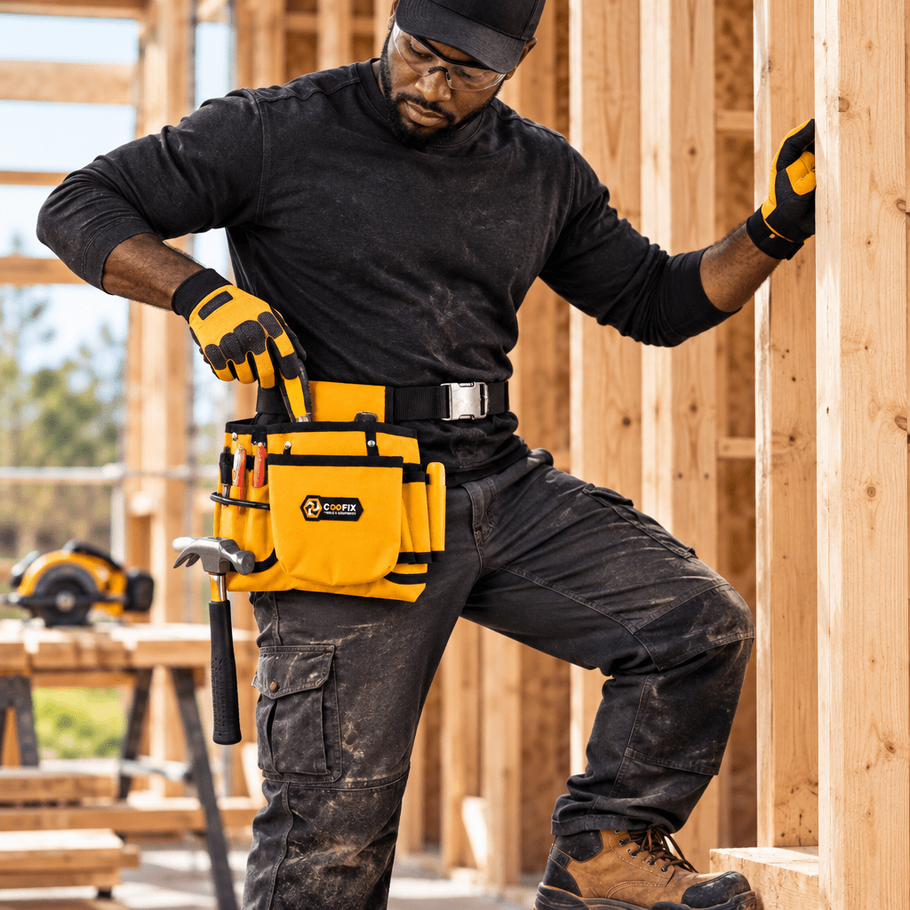 Black professional carpenter wearing and using the Coofix tool belt