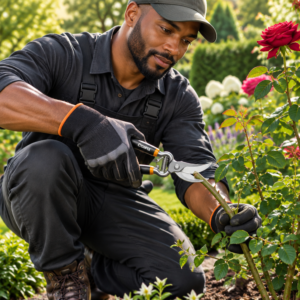 Black professional gardener using Coofix bypass pruning shears
