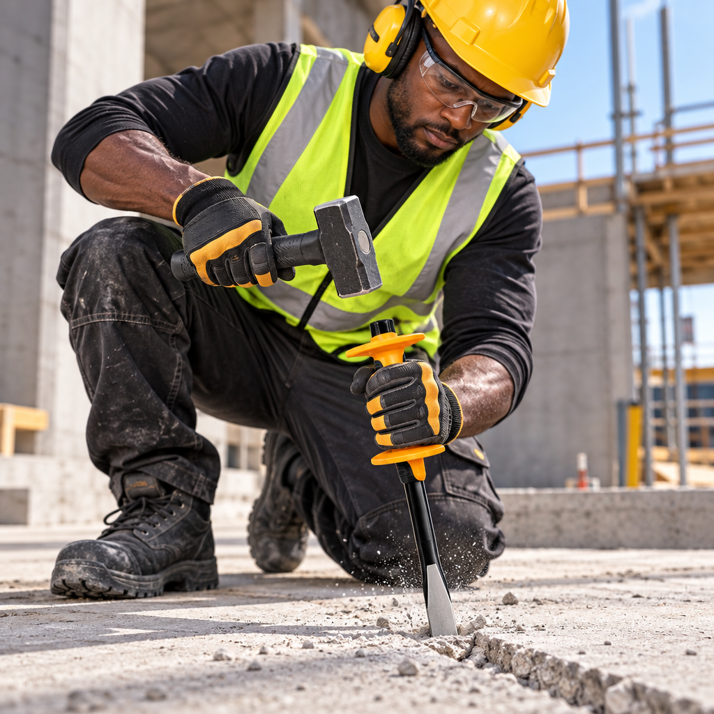 Black professional mason using the Coofix flat cold chisel