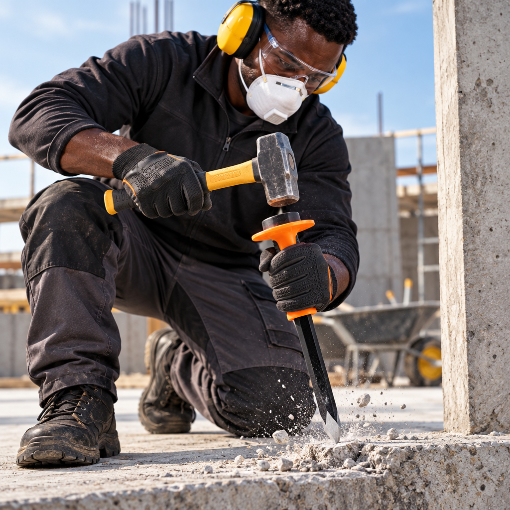 Black professional mason using the Coofix pointed cold chisel