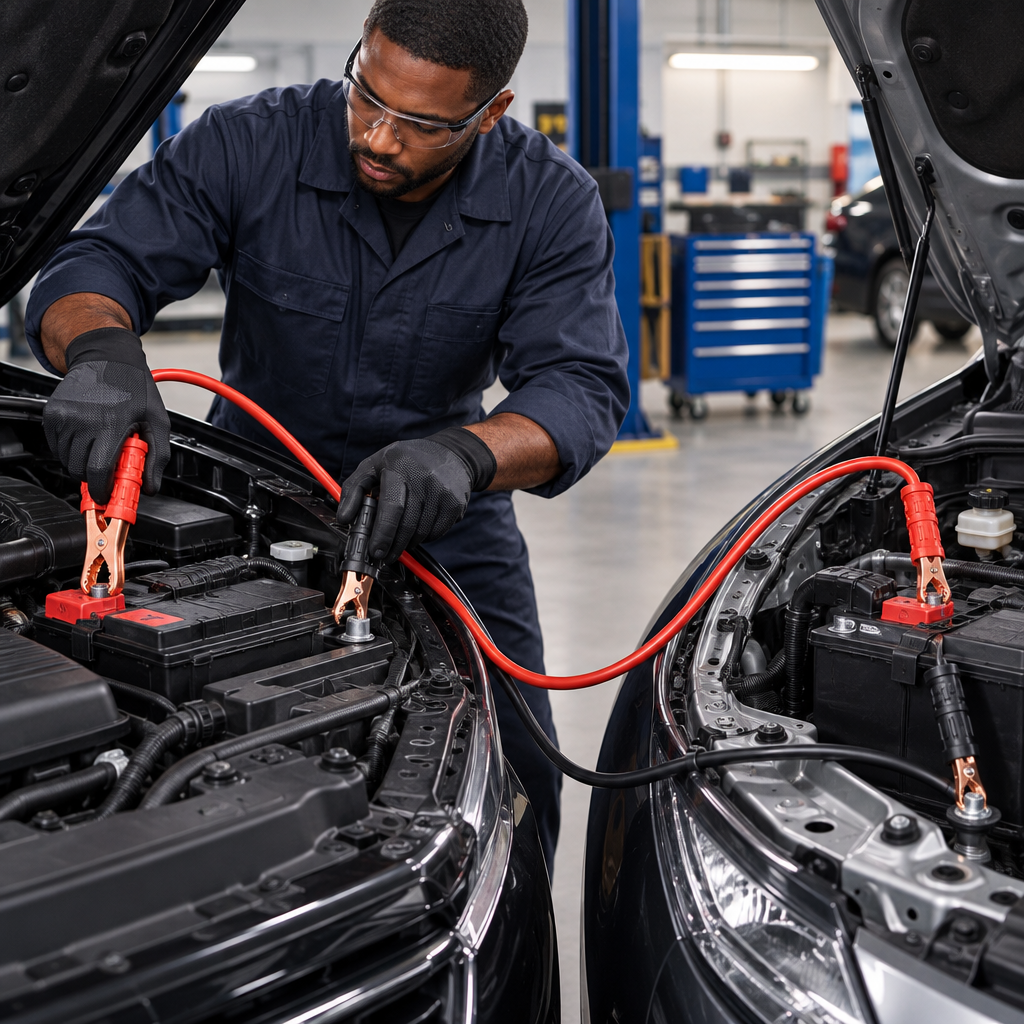 Black professional mechanic connecting heavy-duty jumper cables
