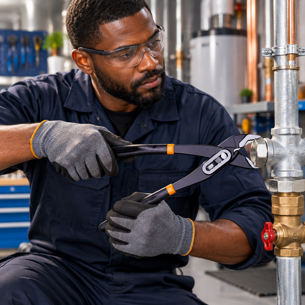 Black professional plumber using Coofix pump pliers