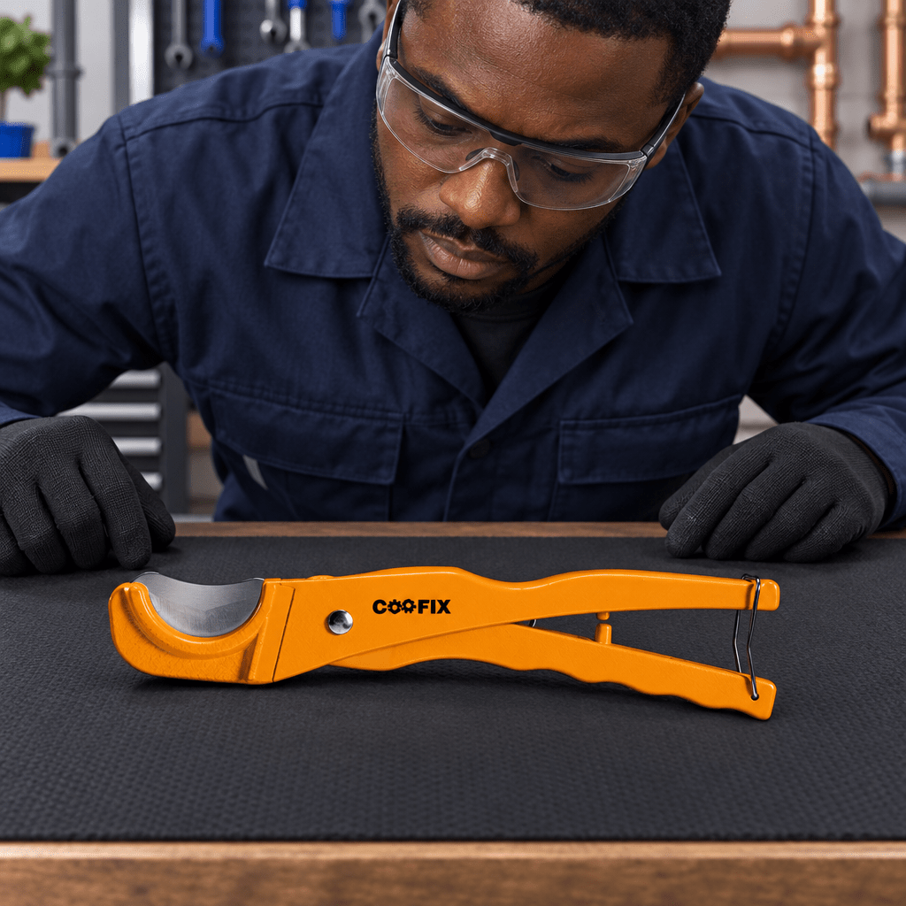 Black professional technician assessing the Coofix PVC pipe cutter
