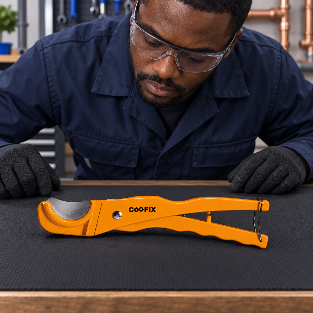 Black professional technician assessing the Coofix PVC pipe cutter