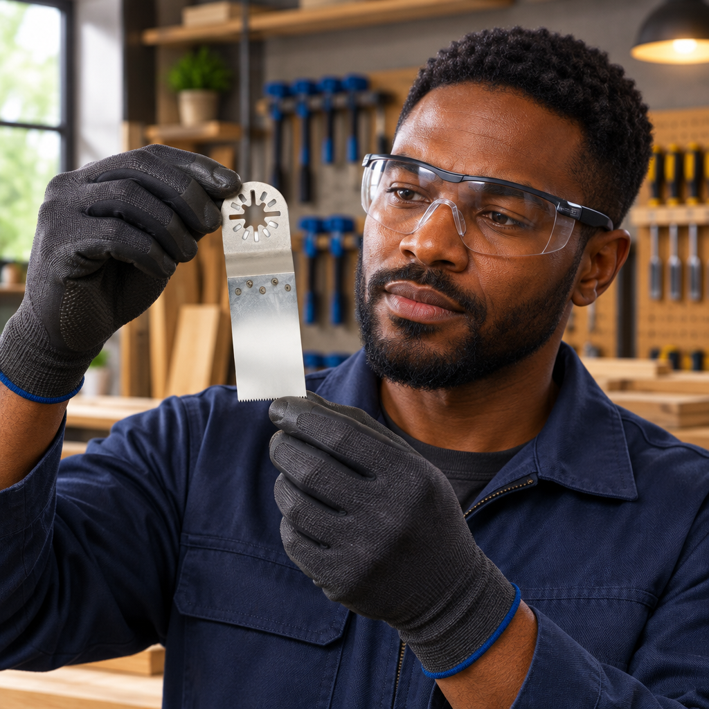 Black professional technician assessing the wide silver blade
