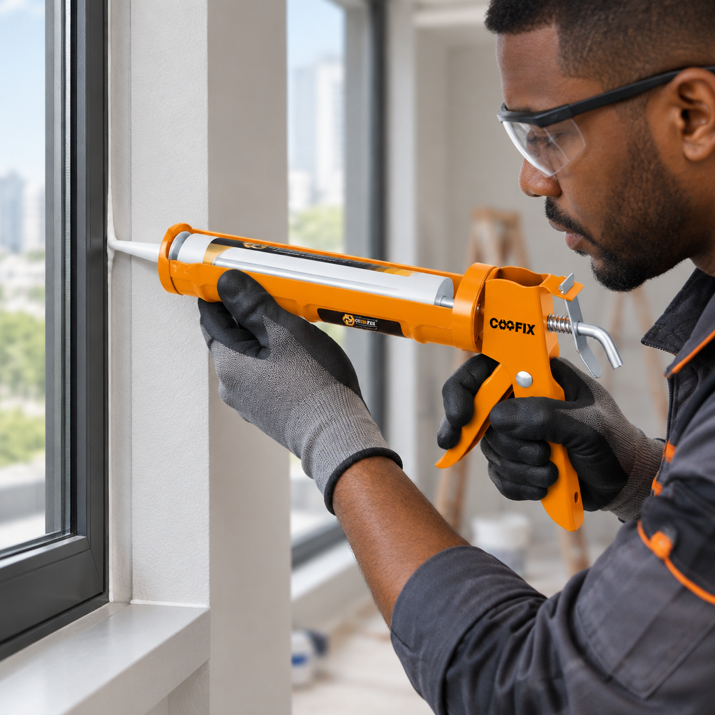 Black professional technician correctly using the solid-frame Coofix caulking gun