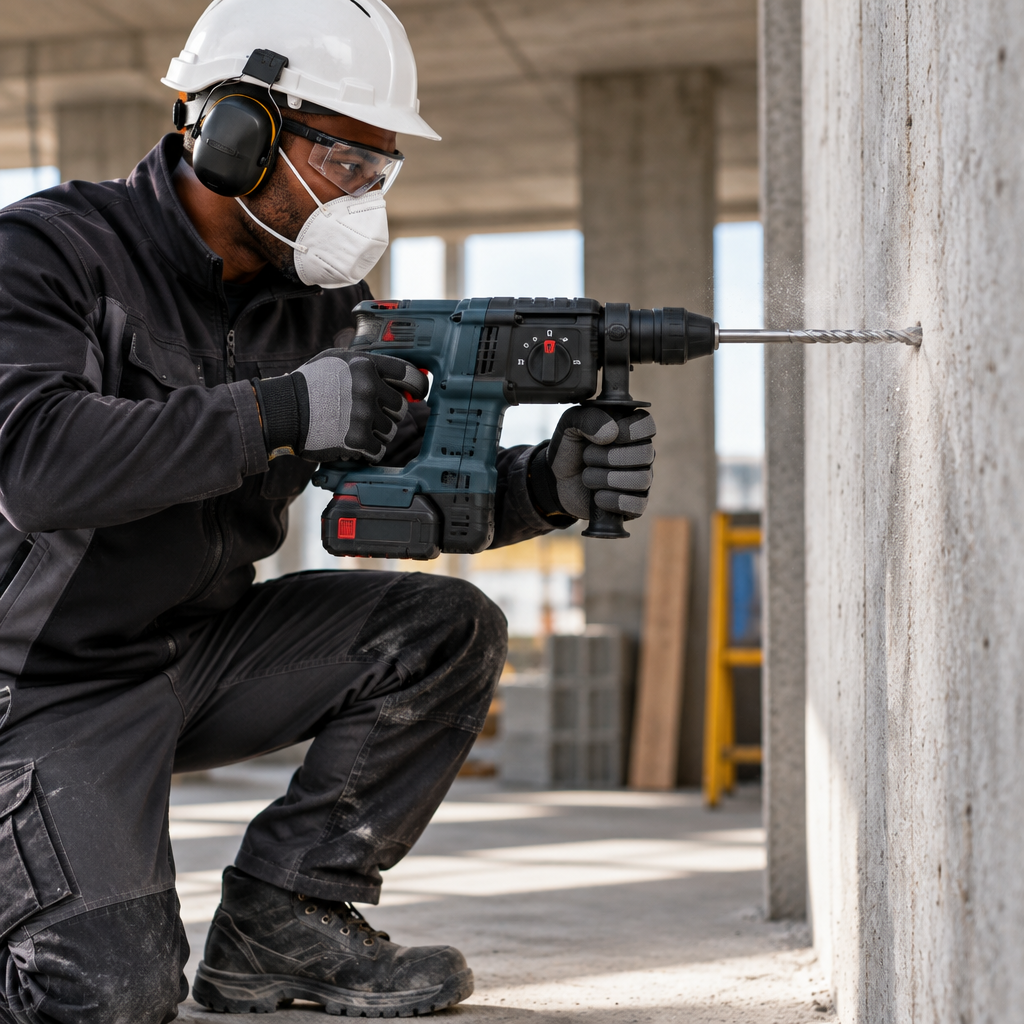Black professional technician drilling concrete without a tube or hose