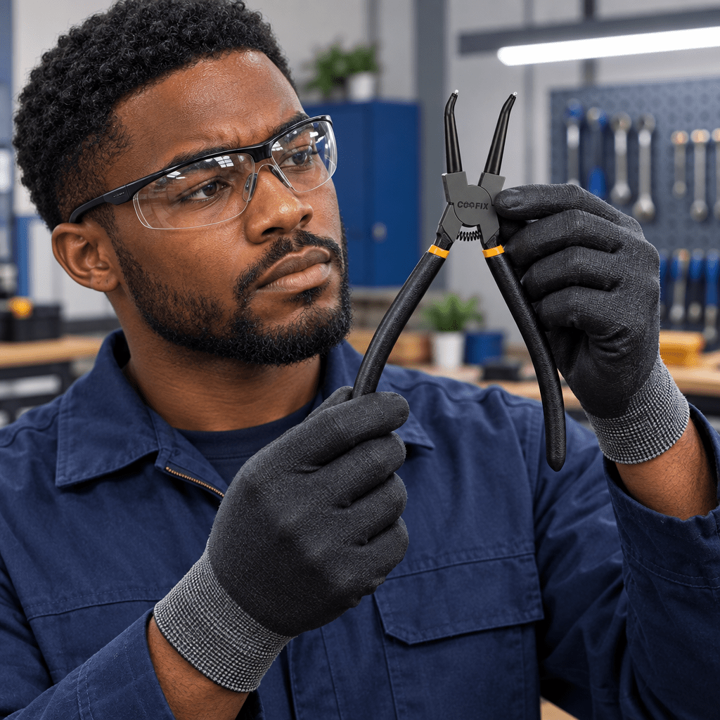 Black professional technician holding and assessing bent-tip Coofix circlip pliers