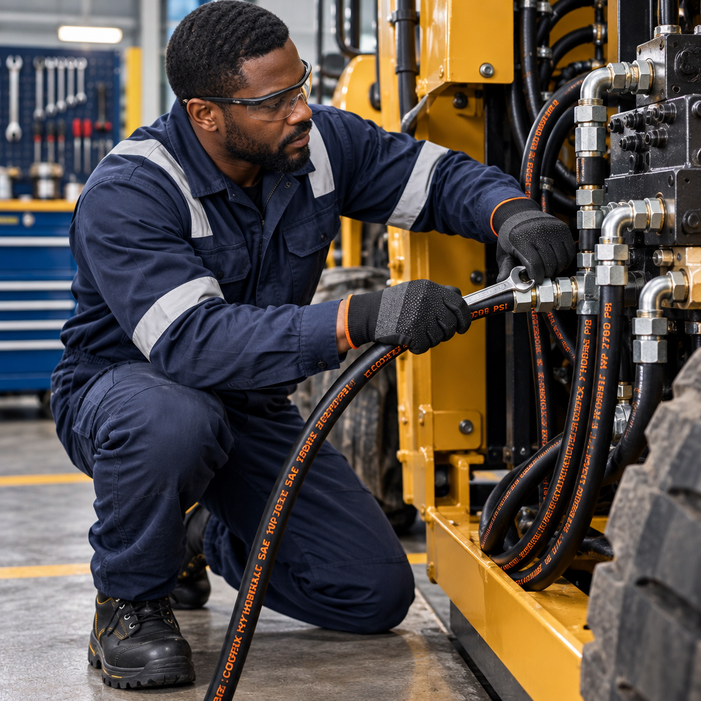 Black professional technician installing a hydraulic hose