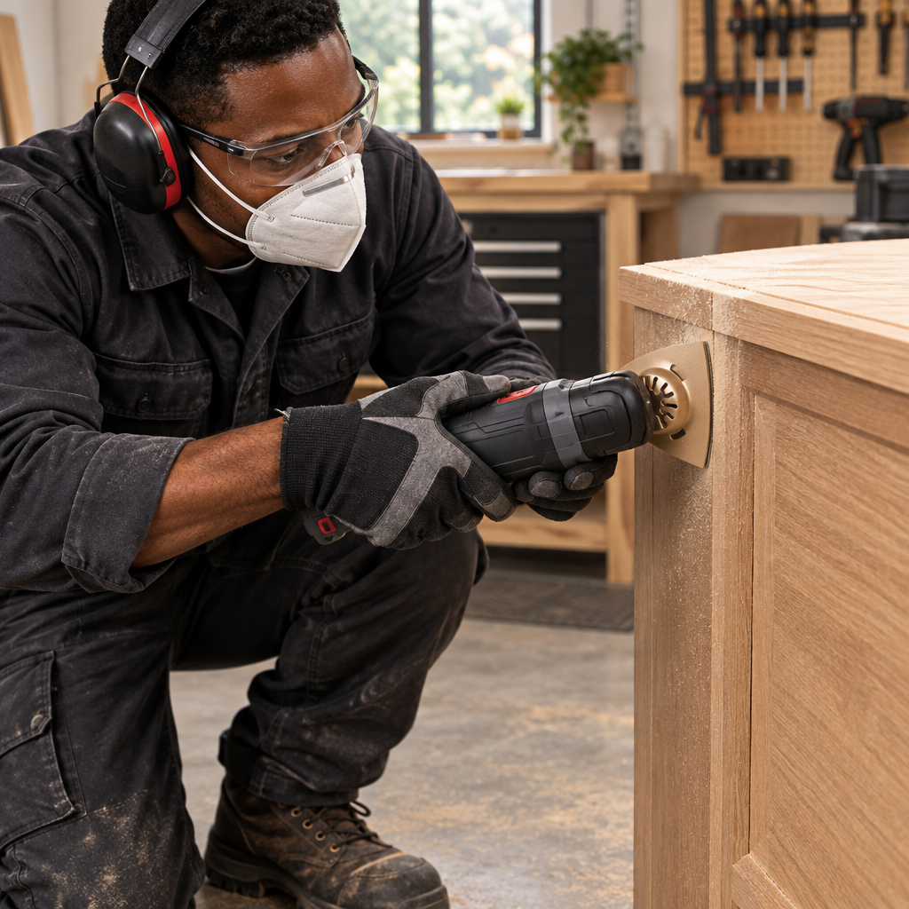 Black professional technician sanding wood with the triangular pad