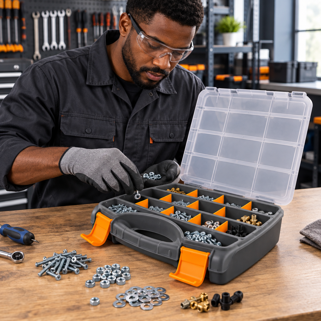 Black professional technician sorting parts into an open Coofix organizer