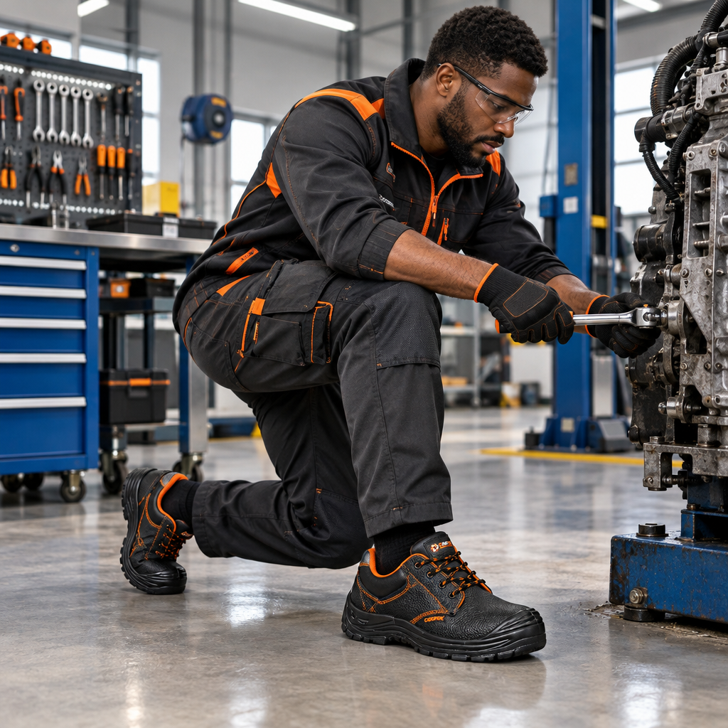 Black professional technician wearing Coofix safety shoes