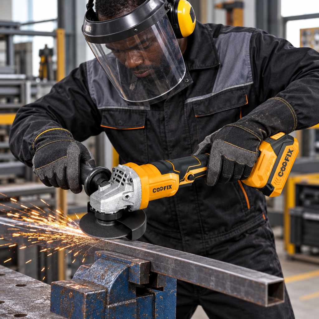 Black technician using the Coofix angle grinder with attached battery
