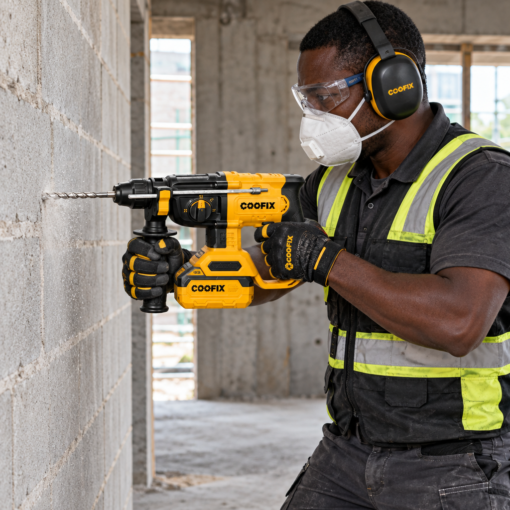 Black technician using the Coofix rotary hammer on a masonry wall