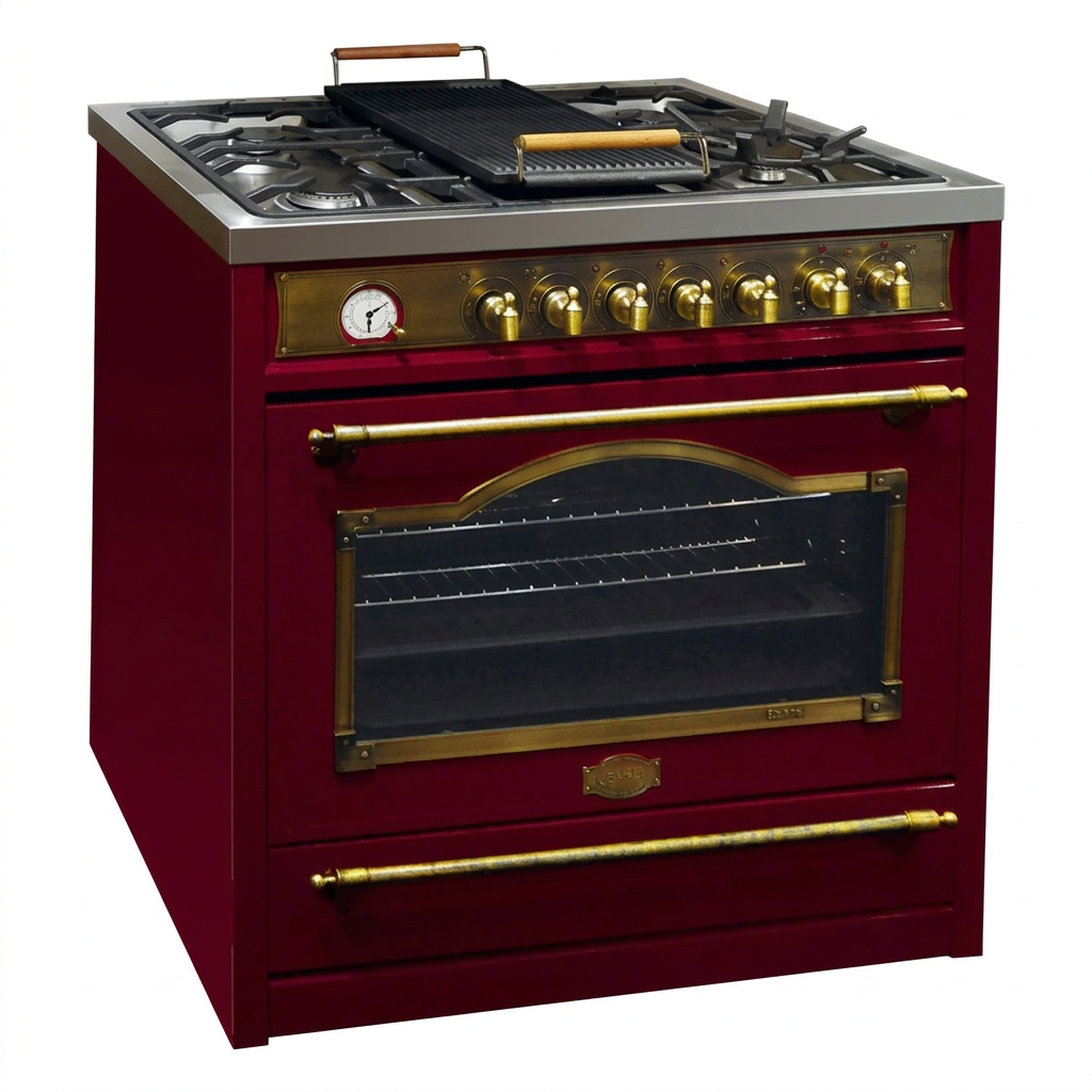 Bordeaux red Kaiser Empire range cooker on white