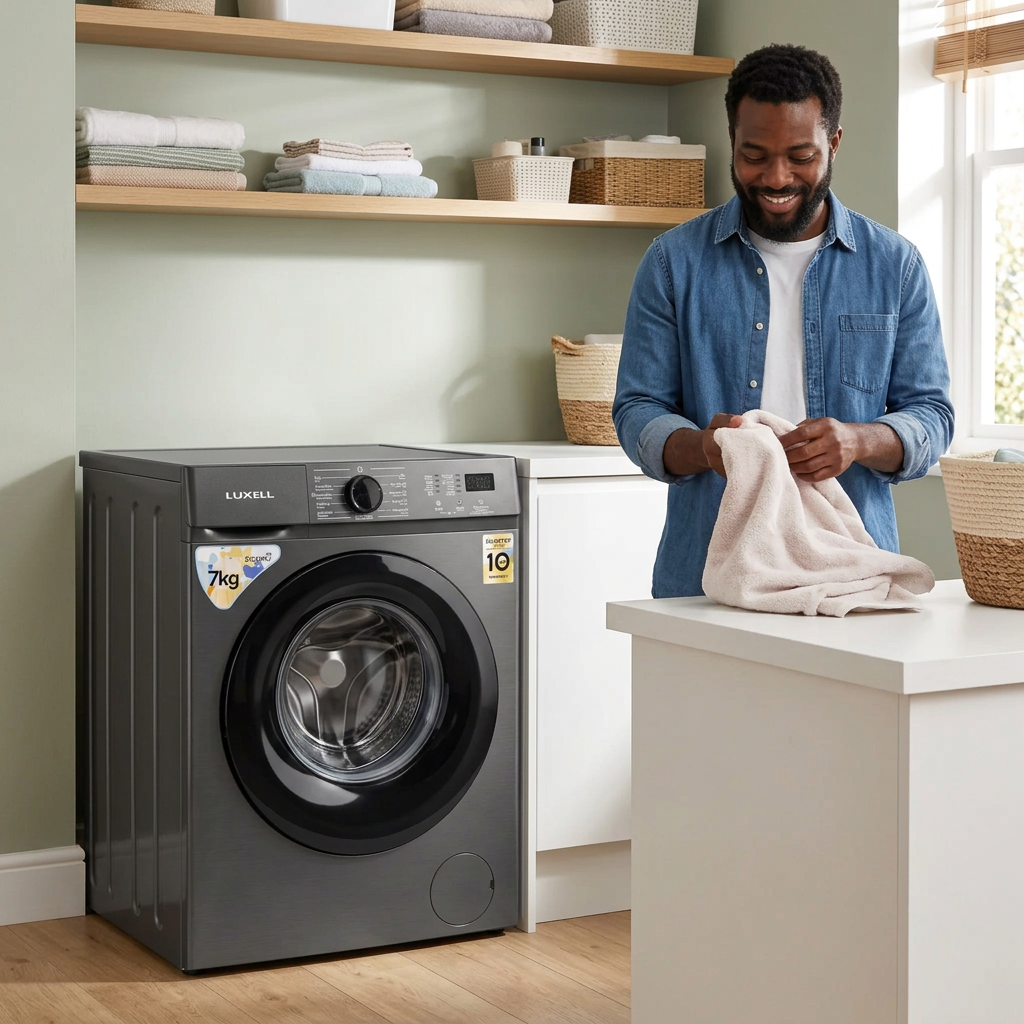 Bright laundry-room scene with the graphite Luxell washing machine