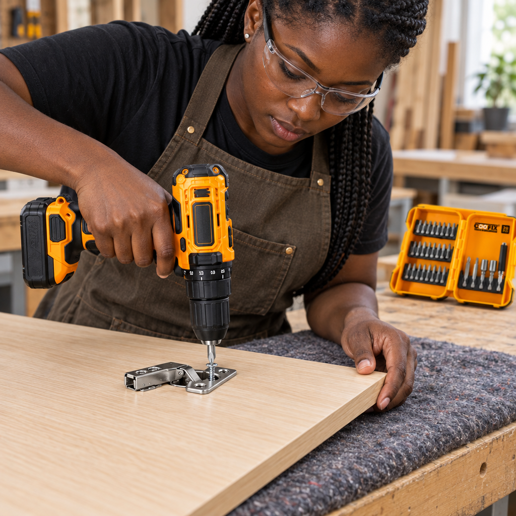 Cabinetmaker using a cordless drill and screwdriver bit to fit a hinge