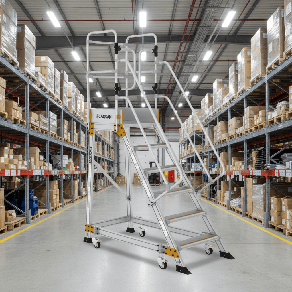 Cagsan Ladder & Access Equipment Cagsan Mobile Aluminium Platform Ladder with Spring-Loaded Wheels | Springo Series