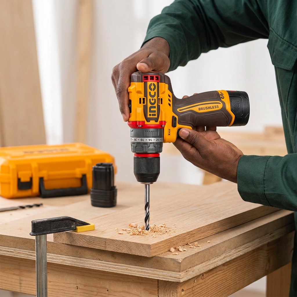 Carpenter drilling a clamped timber board with the Ingco cordless drill