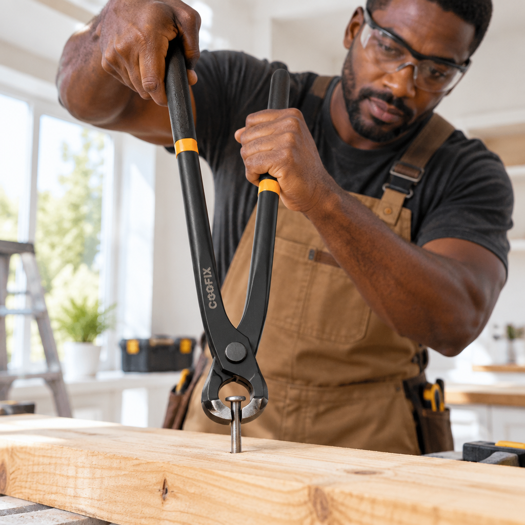 Carpenter using Coofix end-cutting nippers on a nail