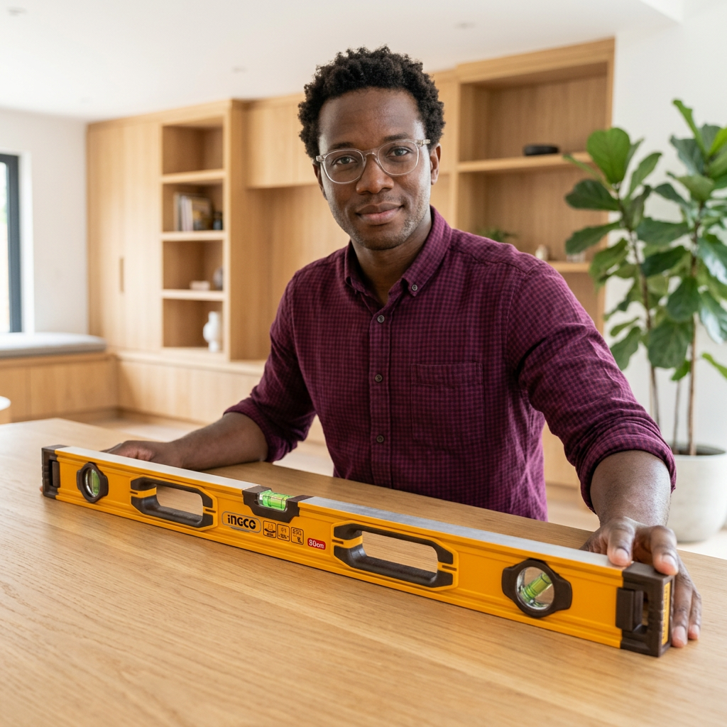 Carpenter with the Ingco spirit level supported on an oak tabletop
