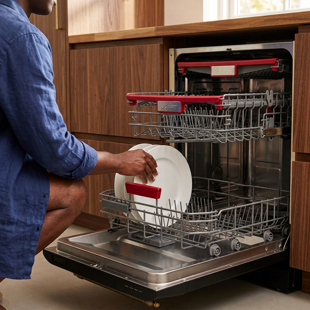 Close-up loading scene with the open Kaiser dishwasher