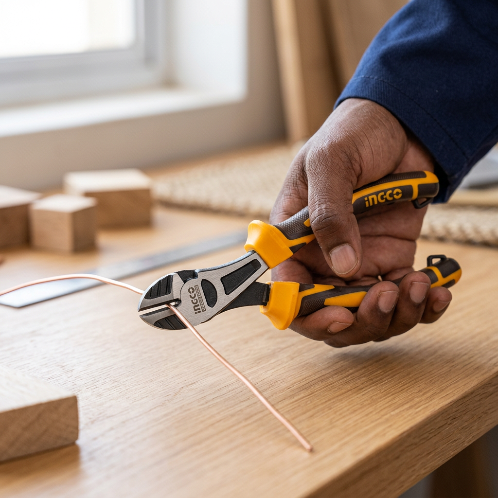 Close-up of Ingco diagonal pliers positioned to trim copper wire