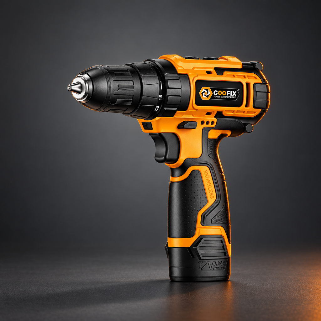 Coofix 12 V cordless drill on a cinematic grey background