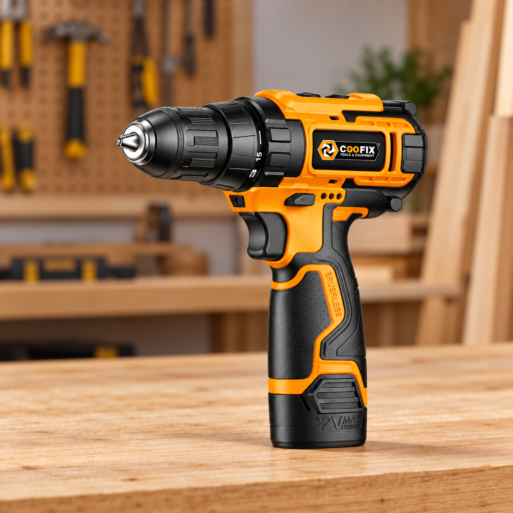 Coofix 12 V cordless drill on a workbench