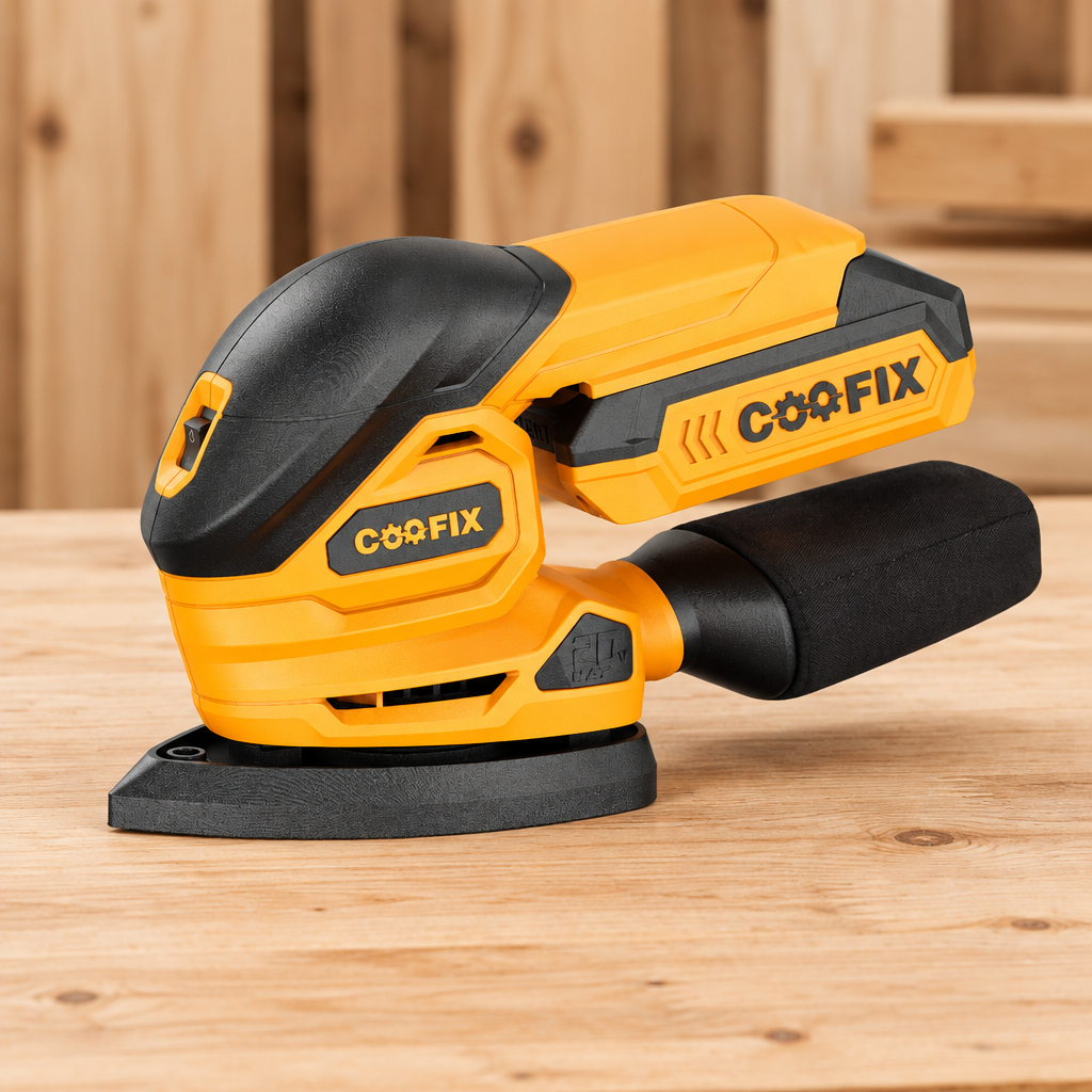 Coofix cordless sander on a workbench
