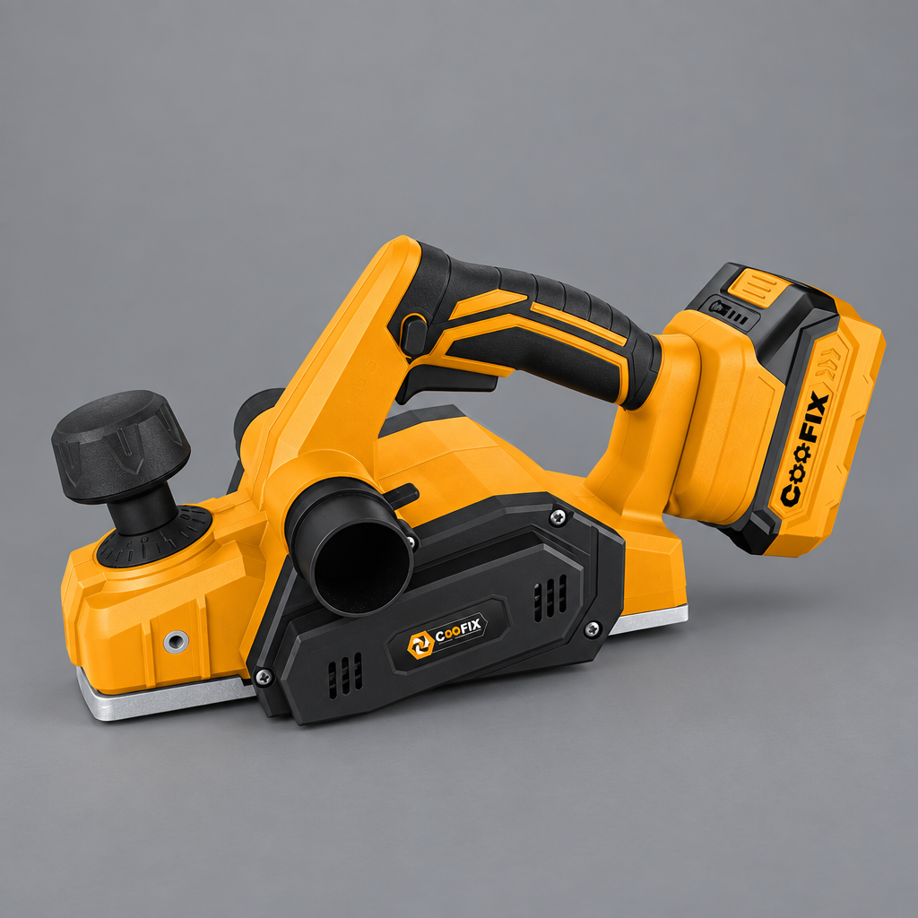 Coofix cordless wood planer on grey