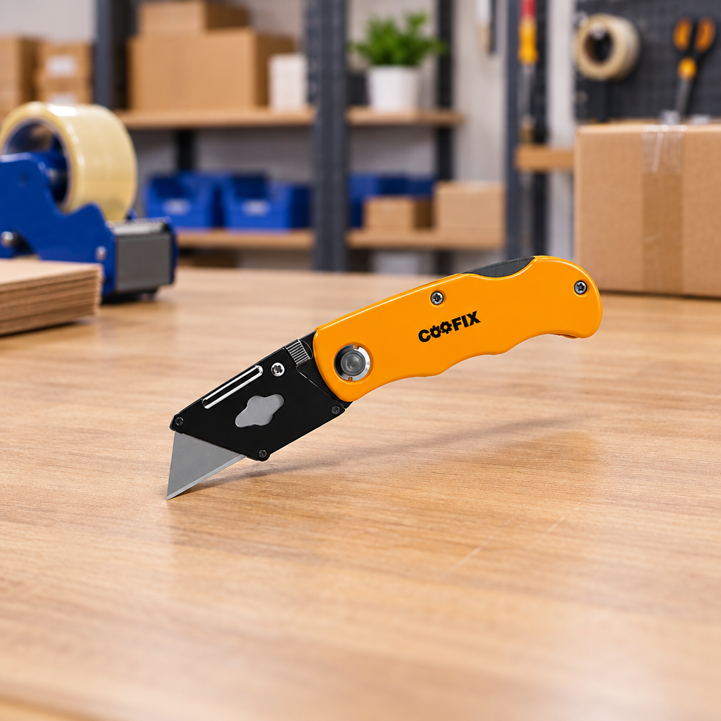 Coofix folding utility knife on a packing bench