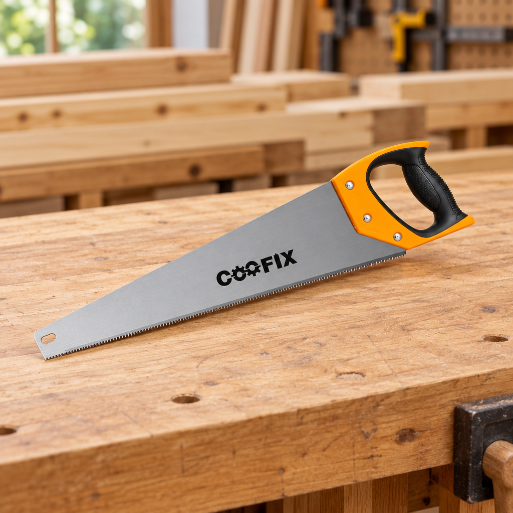 Coofix hand saw on a workbench