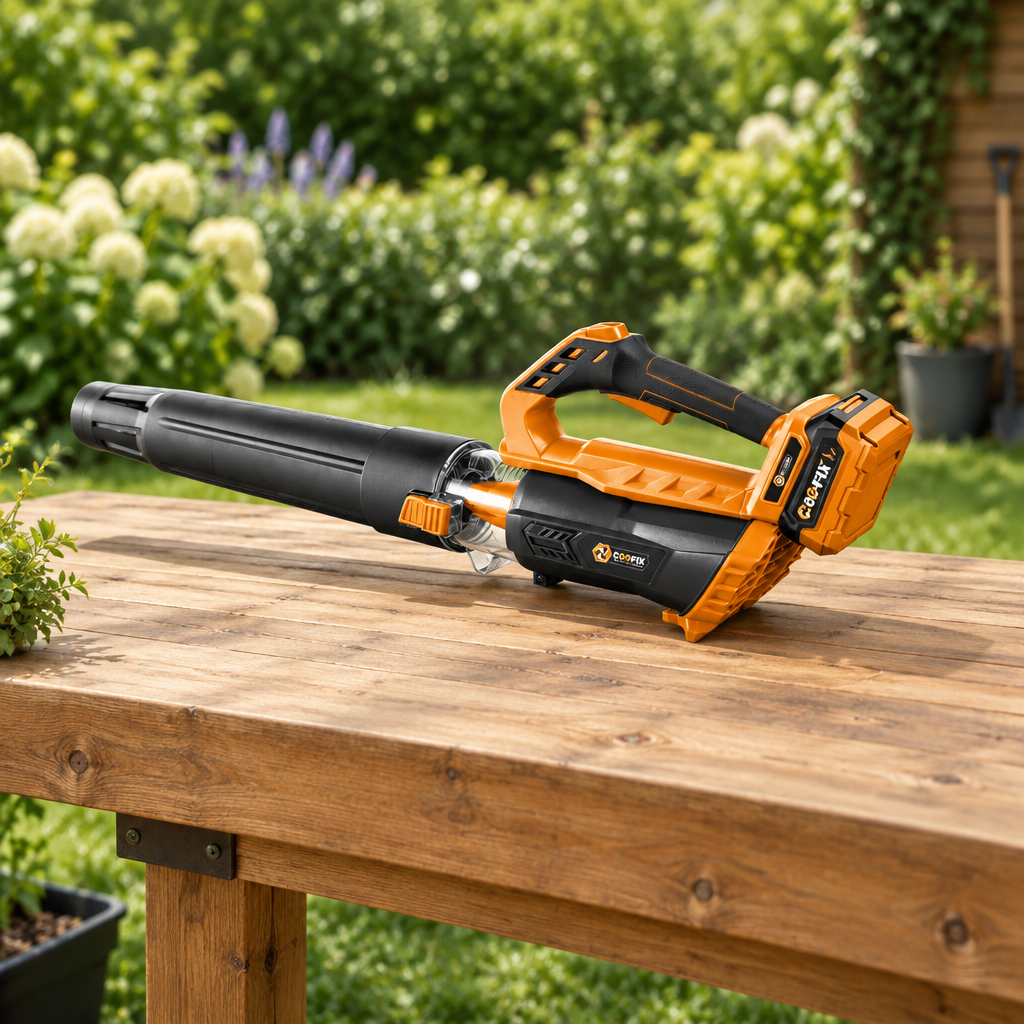 Coofix leaf blower with attached battery on a bench